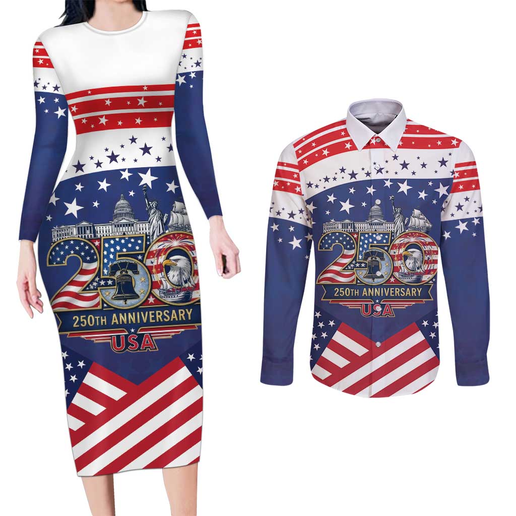 USA 250 Years of Freedom Couples Matching Long Sleeve Bodycon Dress and Long Sleeve Button Shirt All American Pride