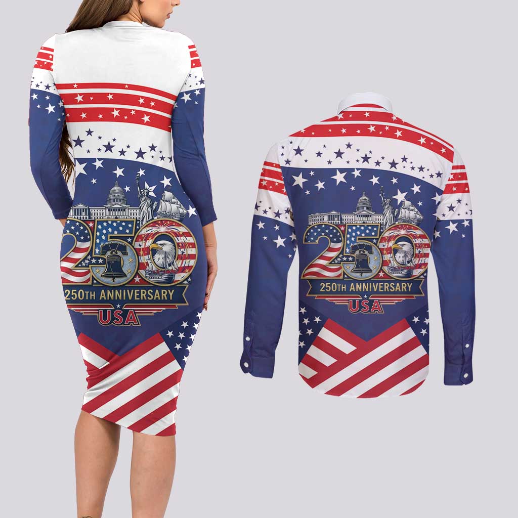 USA 250 Years of Freedom Couples Matching Long Sleeve Bodycon Dress and Long Sleeve Button Shirt All American Pride