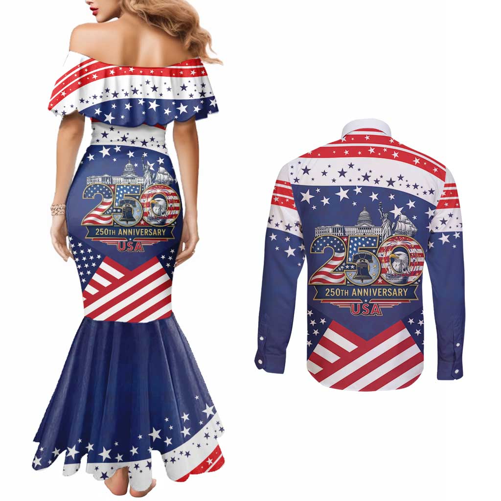 USA 250 Years of Freedom Couples Matching Mermaid Dress and Long Sleeve Button Shirt All American Pride