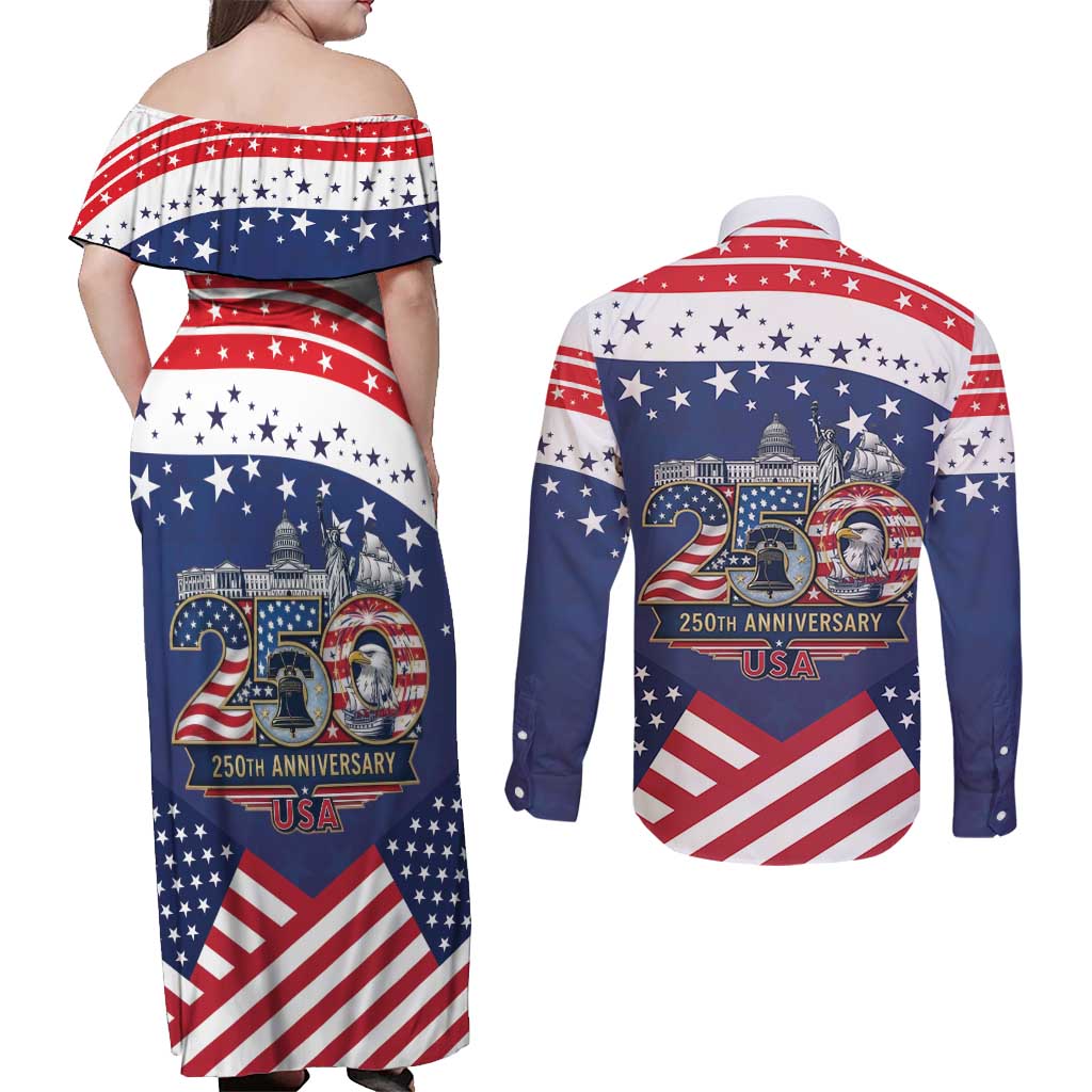 USA 250 Years of Freedom Couples Matching Off Shoulder Maxi Dress and Long Sleeve Button Shirt All American Pride