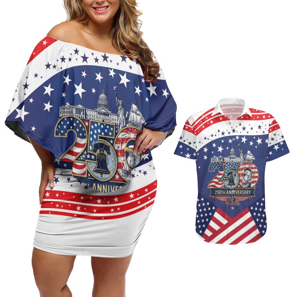 USA 250 Years of Freedom Couples Matching Off Shoulder Short Dress and Hawaiian Shirt All American Pride