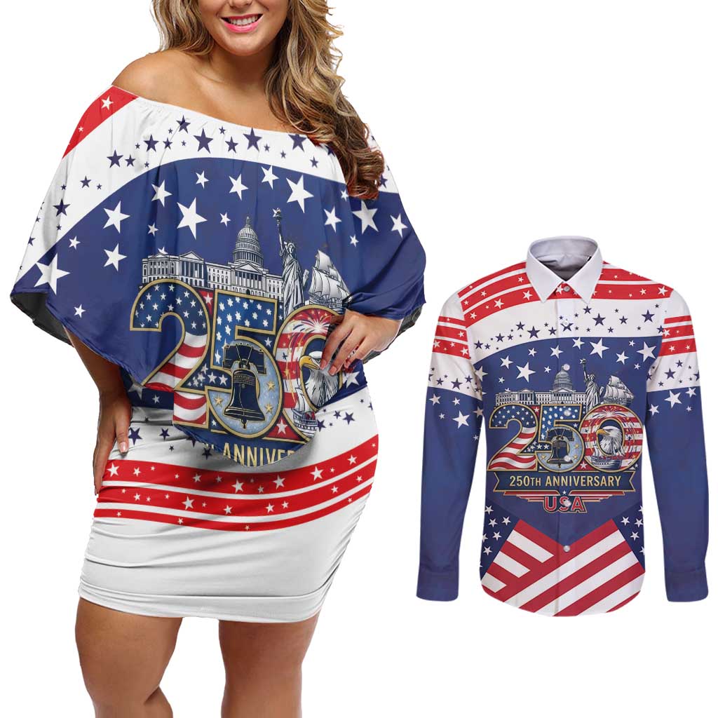 USA 250 Years of Freedom Couples Matching Off Shoulder Short Dress and Long Sleeve Button Shirt All American Pride
