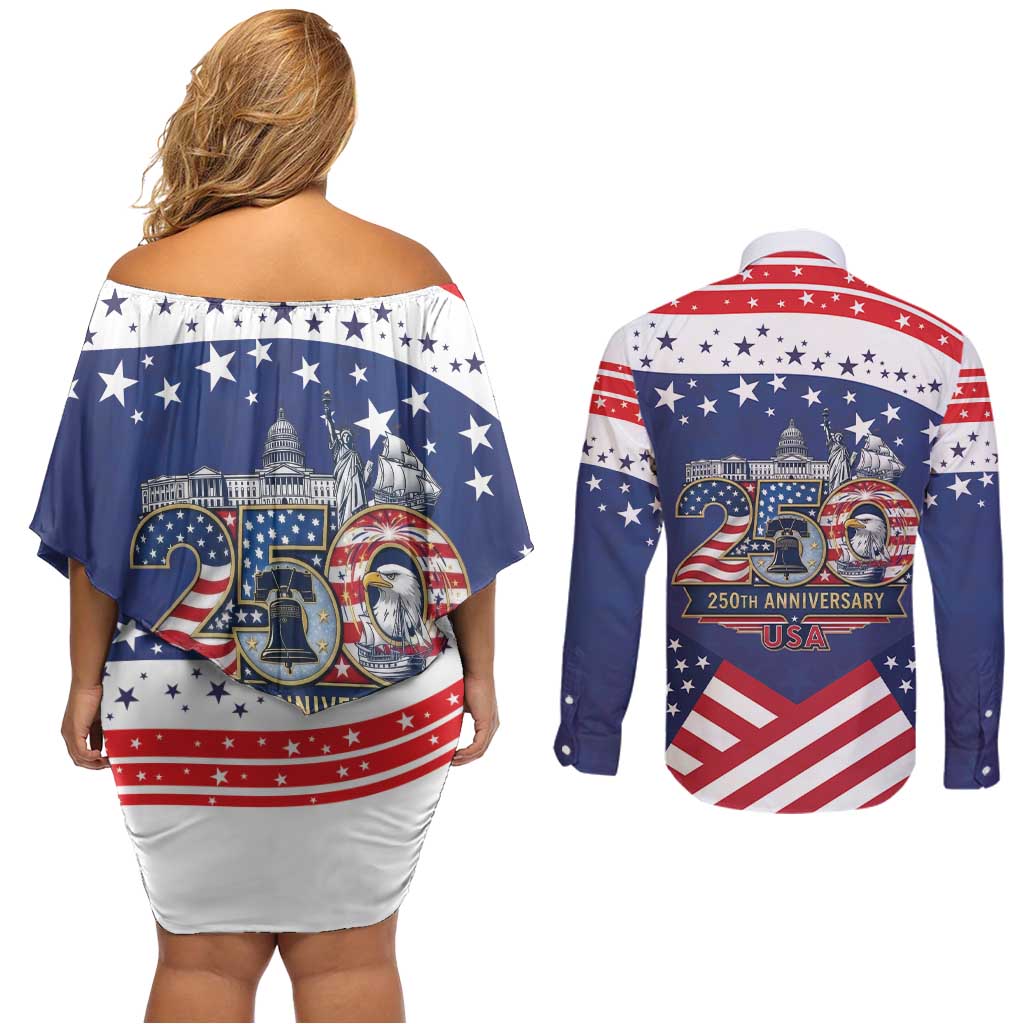 USA 250 Years of Freedom Couples Matching Off Shoulder Short Dress and Long Sleeve Button Shirt All American Pride