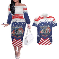 USA 250 Years of Freedom Couples Matching Off The Shoulder Long Sleeve Dress and Hawaiian Shirt All American Pride