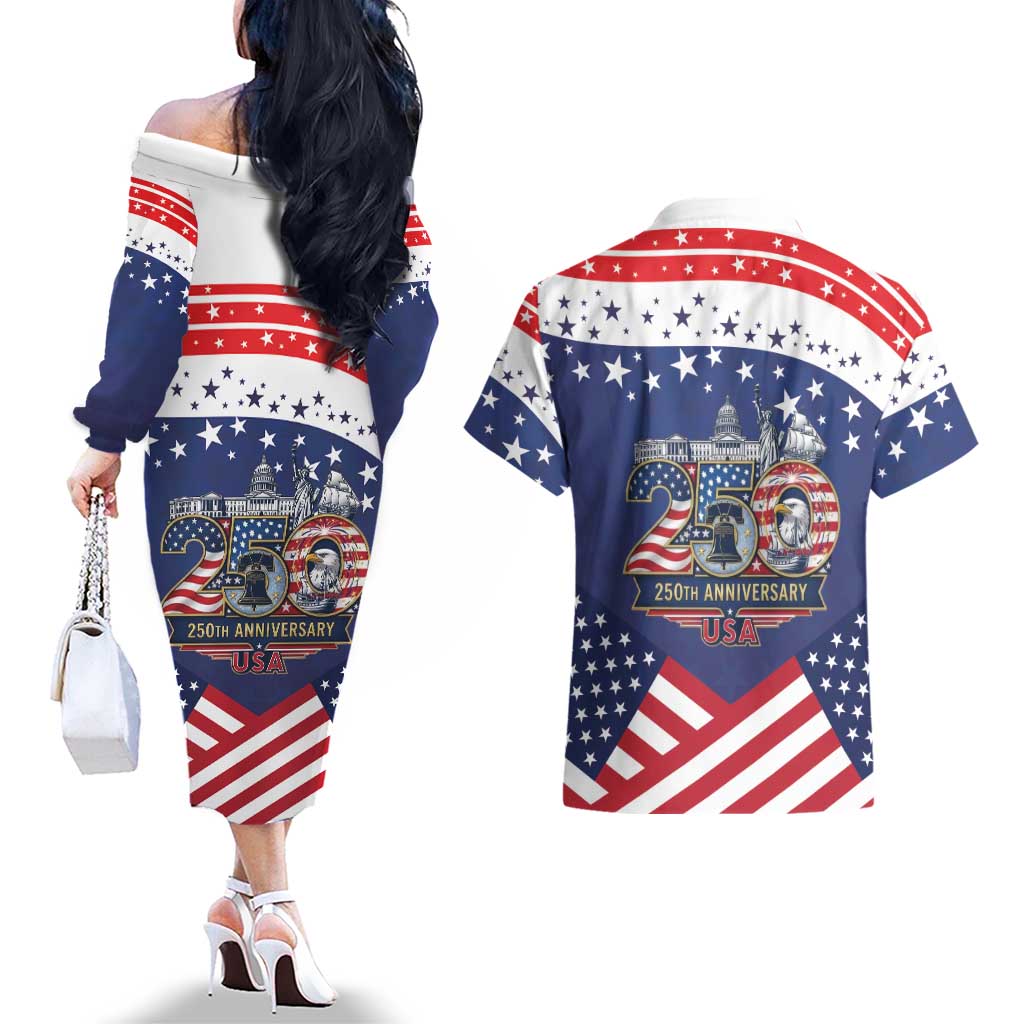 USA 250 Years of Freedom Couples Matching Off The Shoulder Long Sleeve Dress and Hawaiian Shirt All American Pride