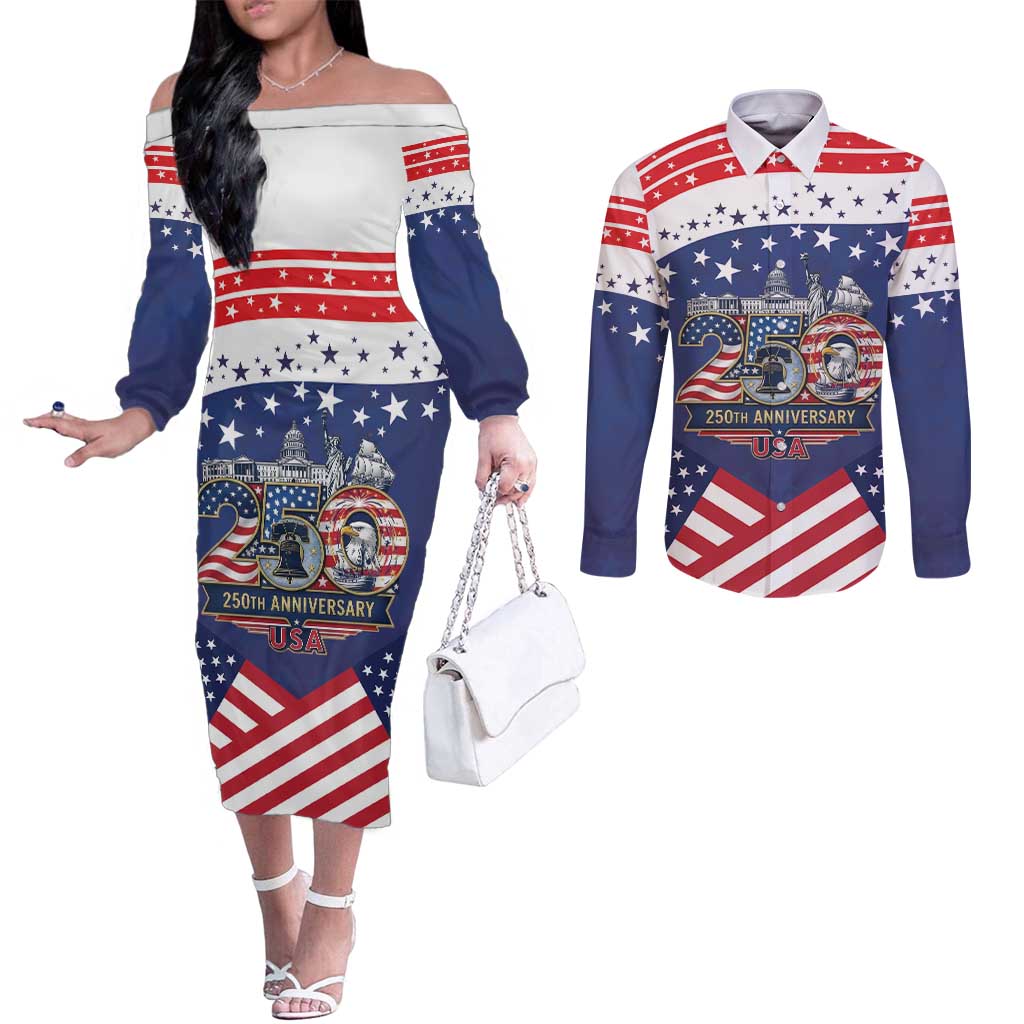 USA 250 Years of Freedom Couples Matching Off The Shoulder Long Sleeve Dress and Long Sleeve Button Shirt All American Pride