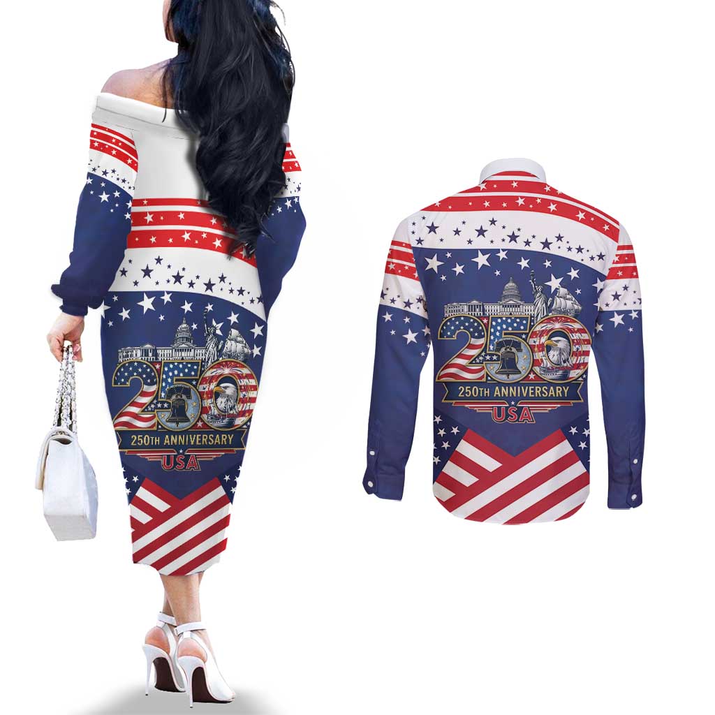 USA 250 Years of Freedom Couples Matching Off The Shoulder Long Sleeve Dress and Long Sleeve Button Shirt All American Pride