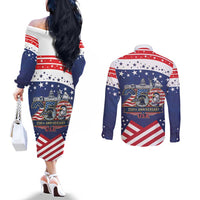 USA 250 Years of Freedom Couples Matching Off The Shoulder Long Sleeve Dress and Long Sleeve Button Shirt All American Pride
