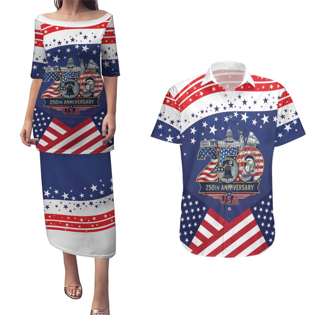 USA 250 Years of Freedom Couples Matching Puletasi and Hawaiian Shirt All American Pride