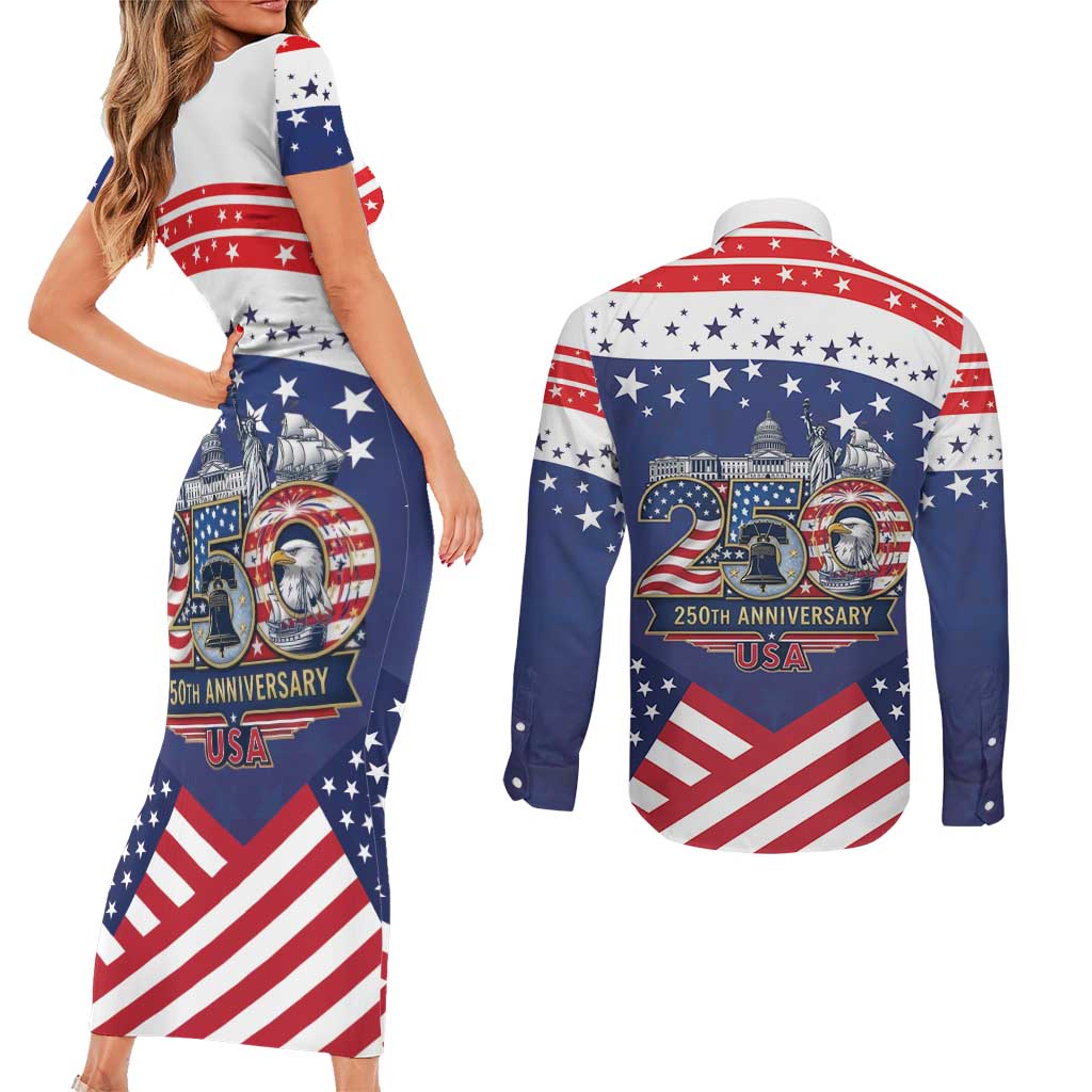 USA 250 Years of Freedom Couples Matching Short Sleeve Bodycon Dress and Long Sleeve Button Shirt All American Pride
