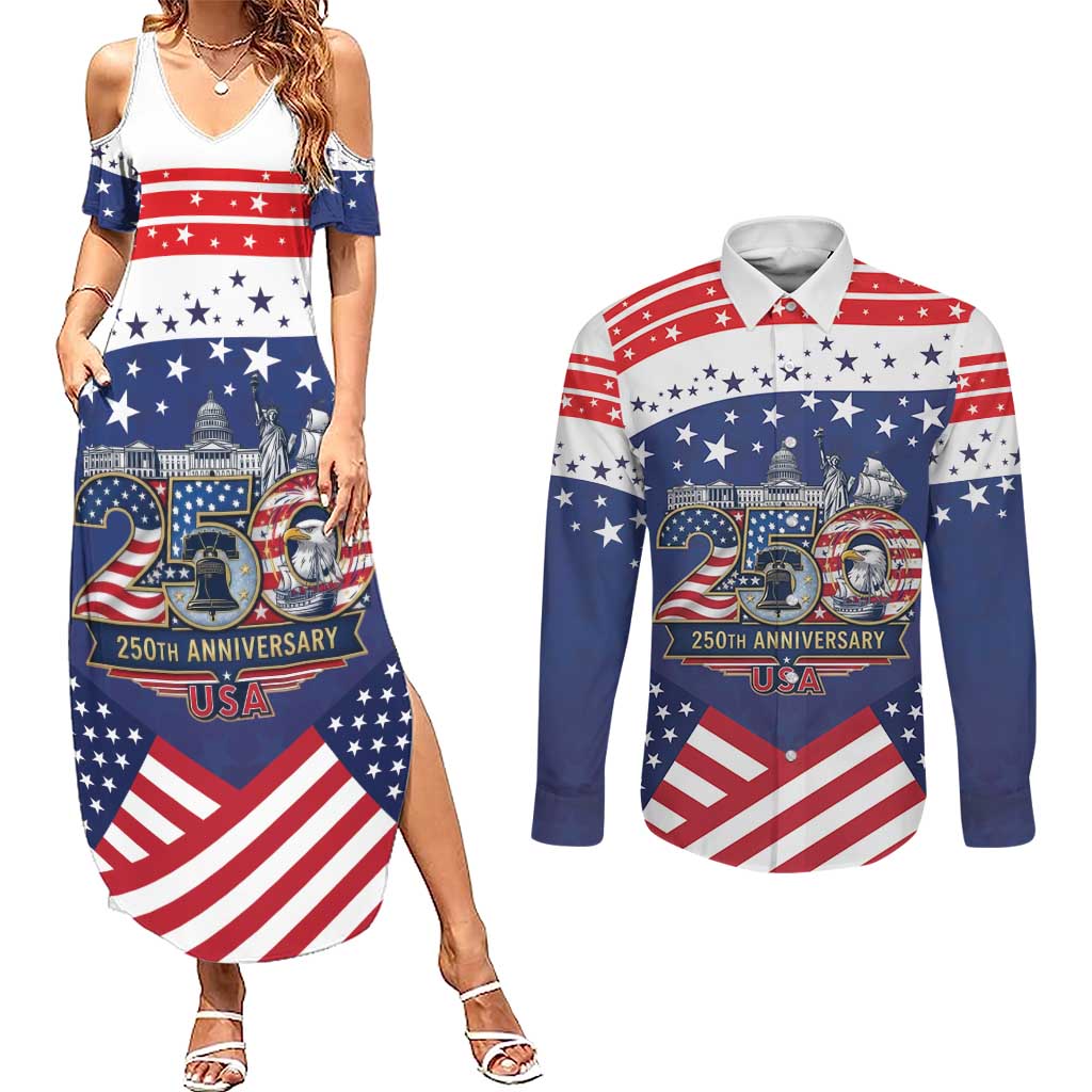 USA 250 Years of Freedom Couples Matching Summer Maxi Dress and Long Sleeve Button Shirt All American Pride