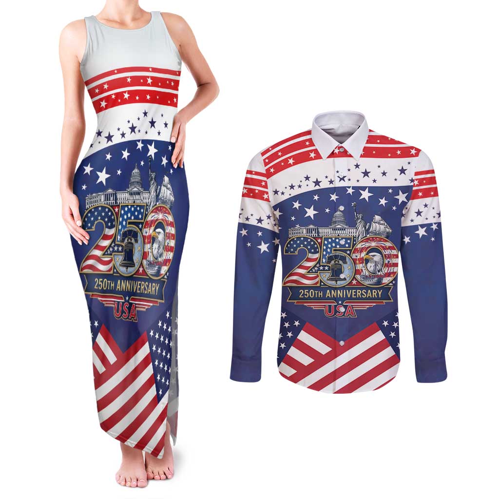 USA 250 Years of Freedom Couples Matching Tank Maxi Dress and Long Sleeve Button Shirt All American Pride