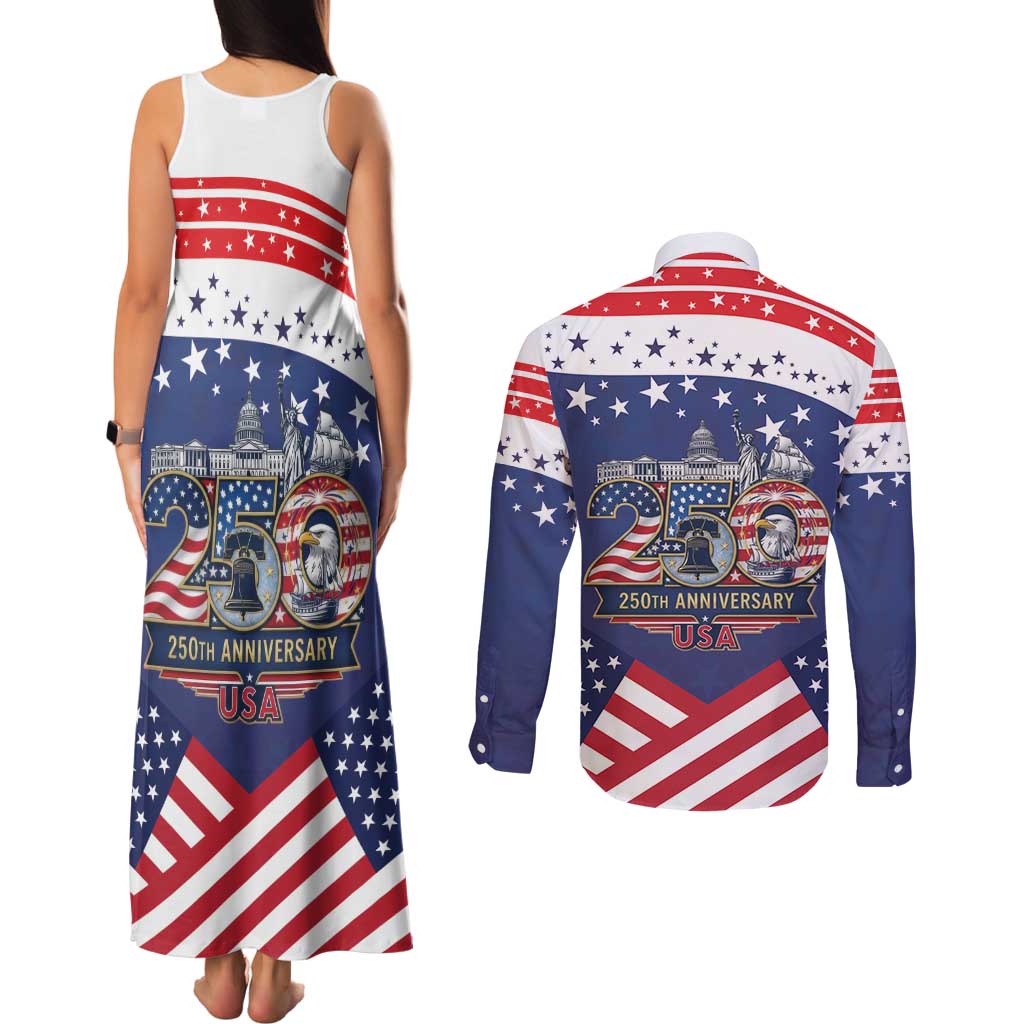 USA 250 Years of Freedom Couples Matching Tank Maxi Dress and Long Sleeve Button Shirt All American Pride