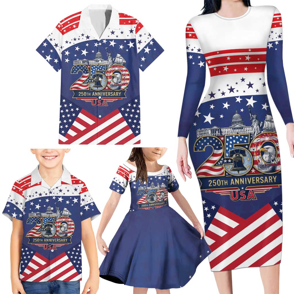 USA 250 Years of Freedom Family Matching Long Sleeve Bodycon Dress and Hawaiian Shirt All American Pride