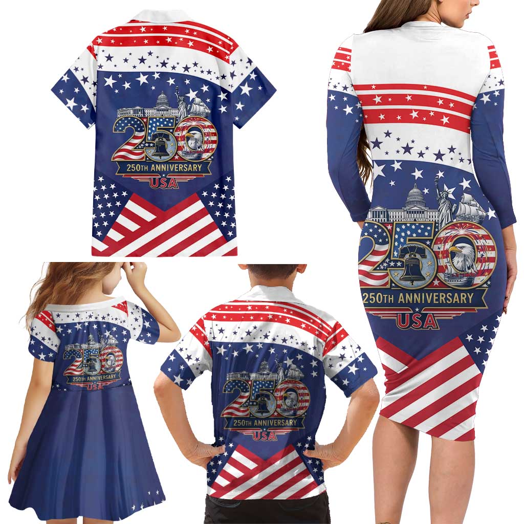 USA 250 Years of Freedom Family Matching Long Sleeve Bodycon Dress and Hawaiian Shirt All American Pride