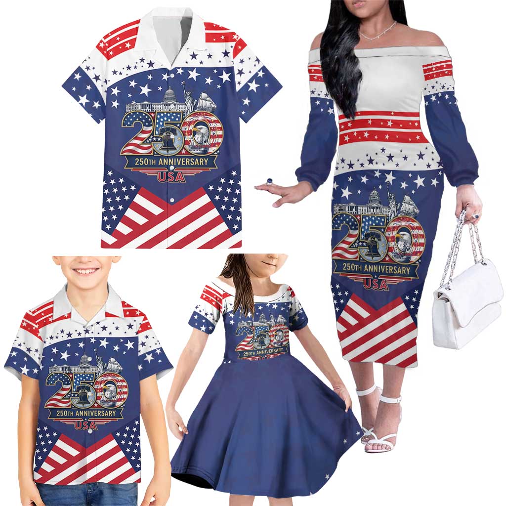 USA 250 Years of Freedom Family Matching Off The Shoulder Long Sleeve Dress and Hawaiian Shirt All American Pride