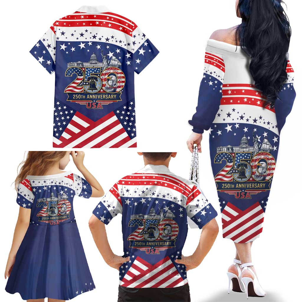 USA 250 Years of Freedom Family Matching Off The Shoulder Long Sleeve Dress and Hawaiian Shirt All American Pride