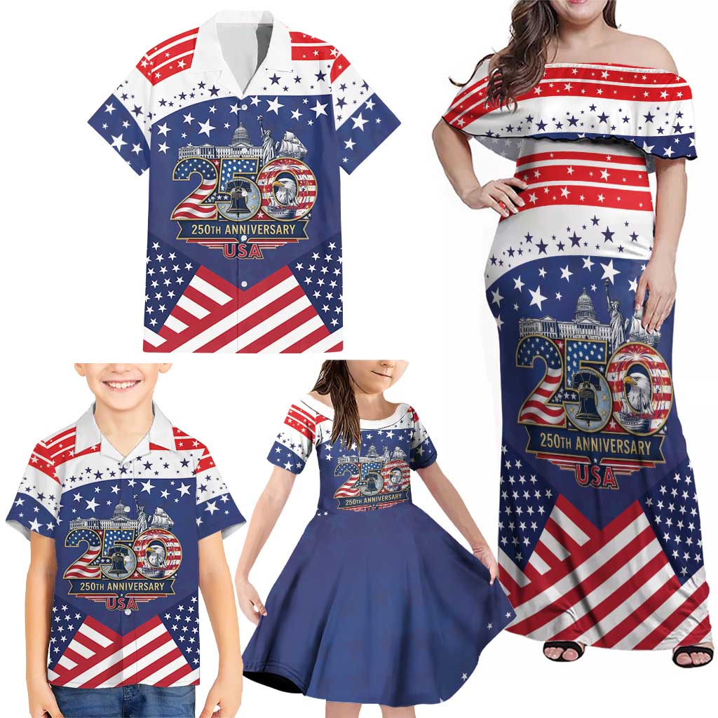 USA 250 Years of Freedom Family Matching Off Shoulder Maxi Dress and Hawaiian Shirt All American Pride