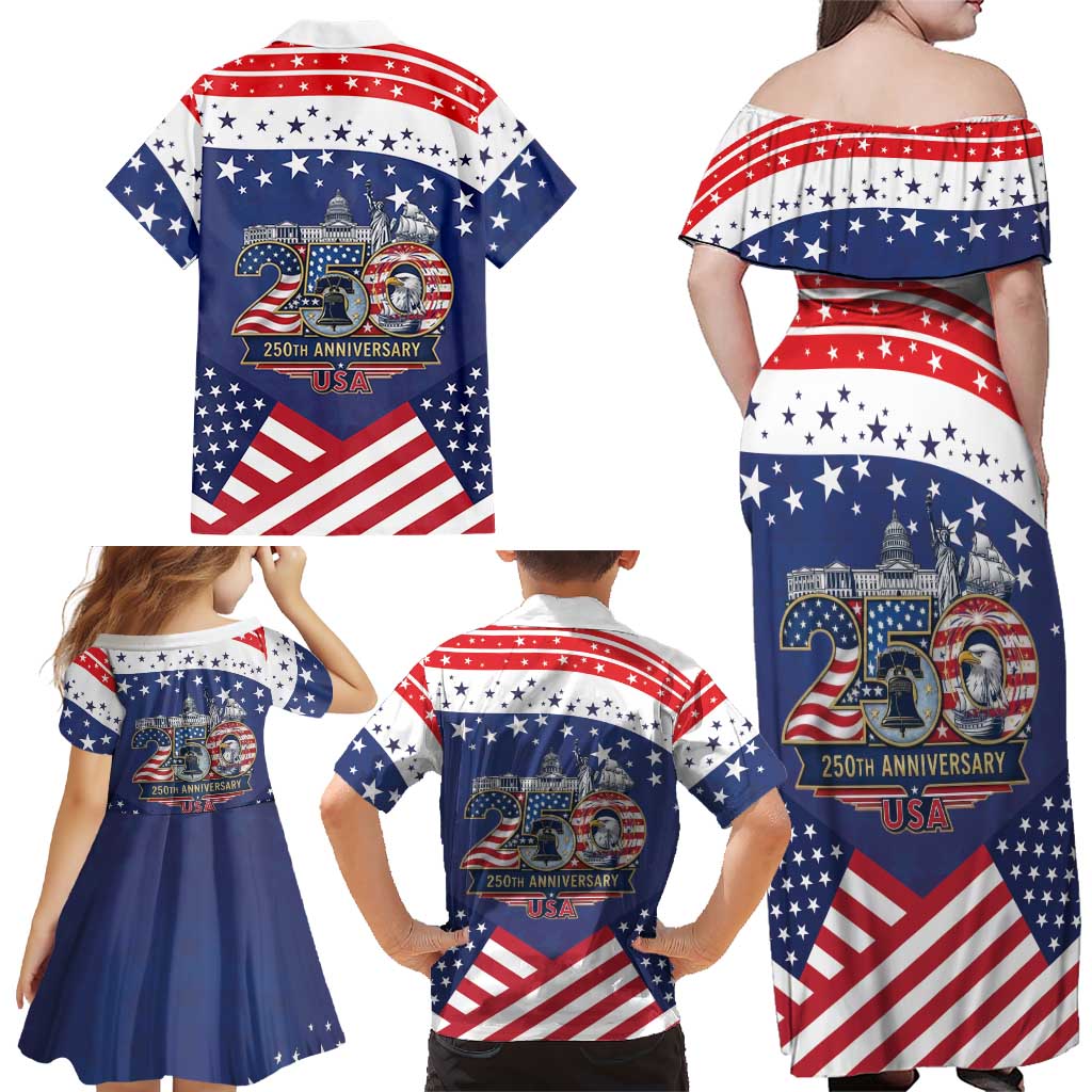 USA 250 Years of Freedom Family Matching Off Shoulder Maxi Dress and Hawaiian Shirt All American Pride