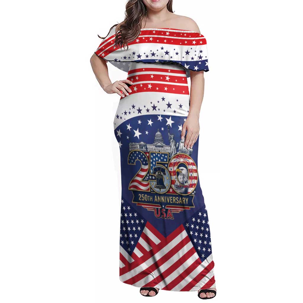 USA 250 Years of Freedom Family Matching Off Shoulder Maxi Dress and Hawaiian Shirt All American Pride
