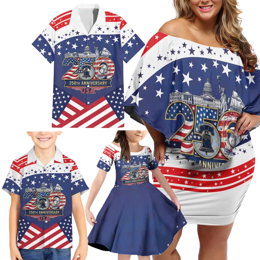 USA 250 Years of Freedom Family Matching Off Shoulder Short Dress and Hawaiian Shirt All American Pride