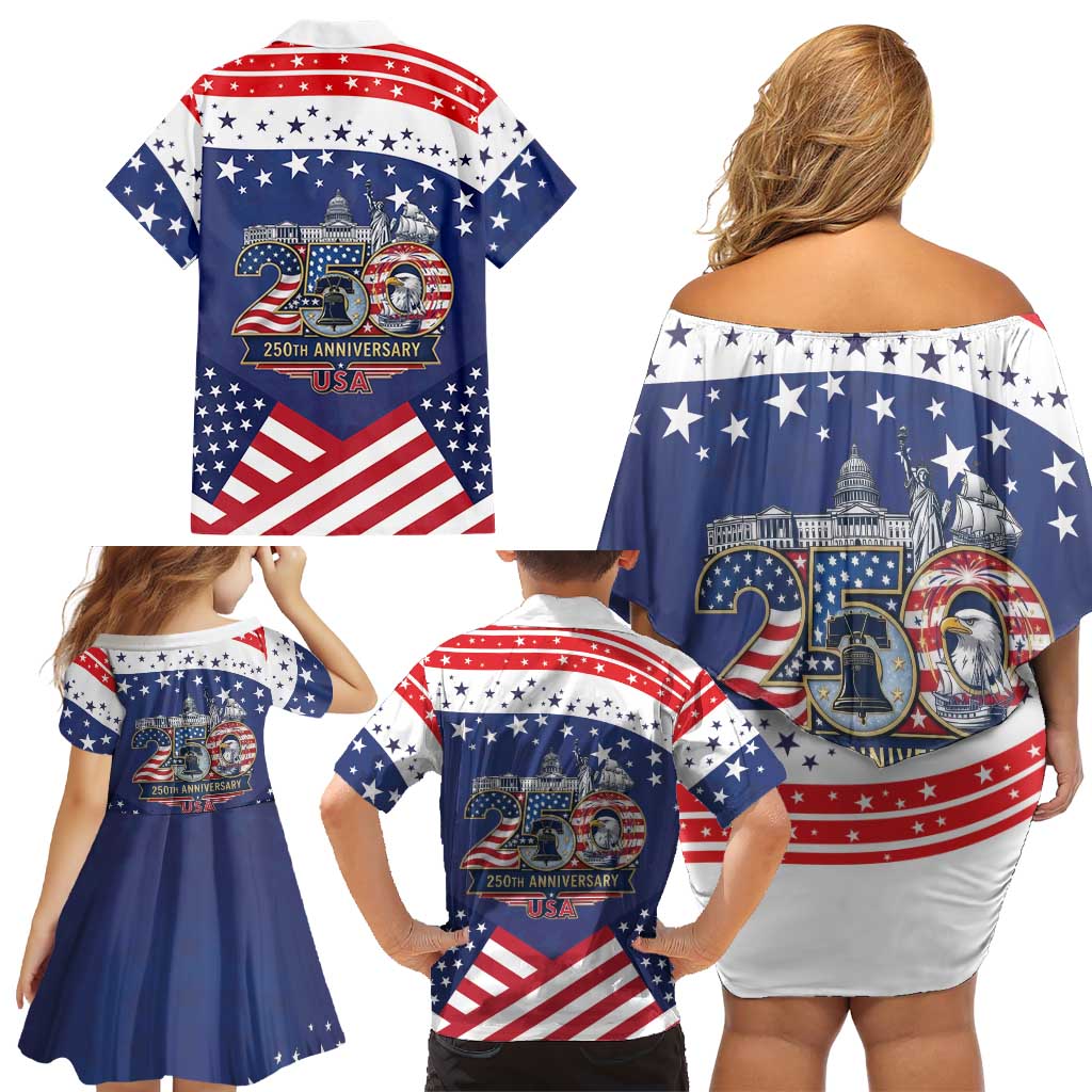 USA 250 Years of Freedom Family Matching Off Shoulder Short Dress and Hawaiian Shirt All American Pride