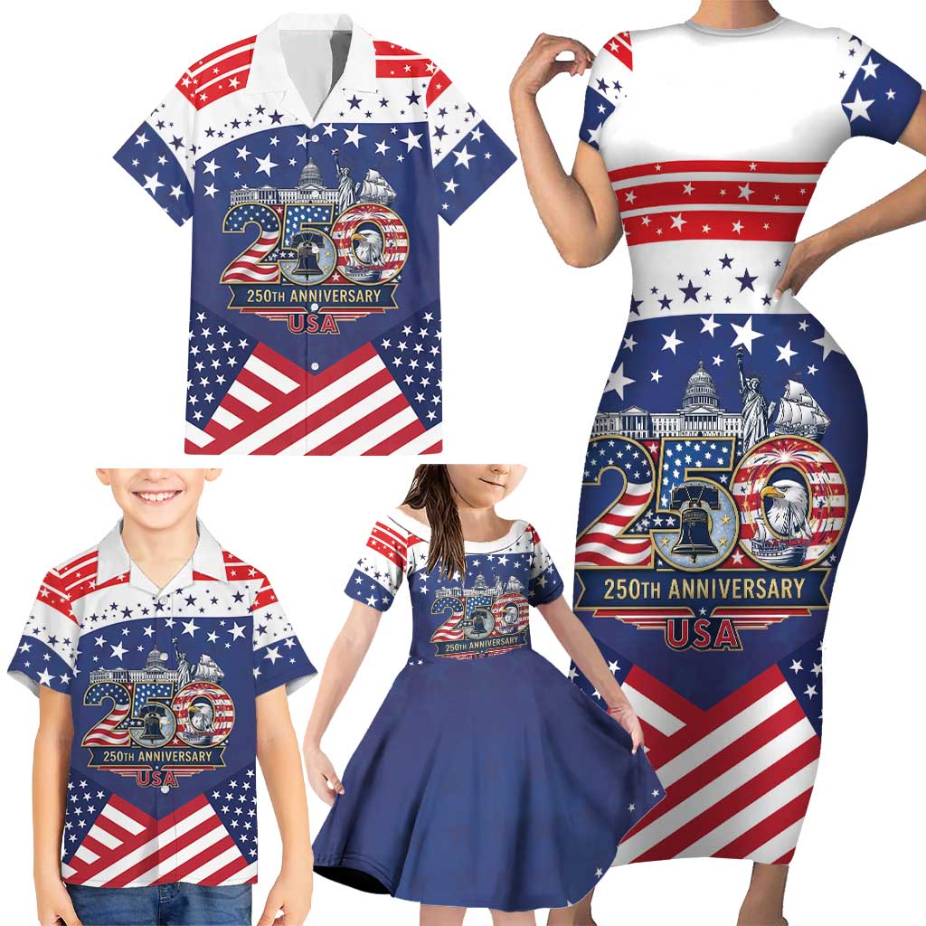 USA 250 Years of Freedom Family Matching Short Sleeve Bodycon Dress and Hawaiian Shirt All American Pride