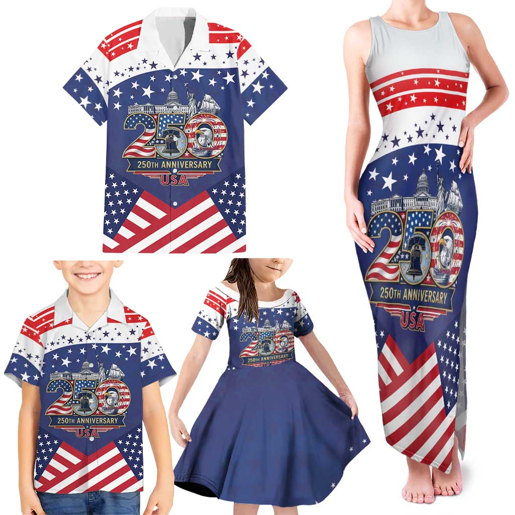 USA 250 Years of Freedom Family Matching Tank Maxi Dress and Hawaiian Shirt All American Pride