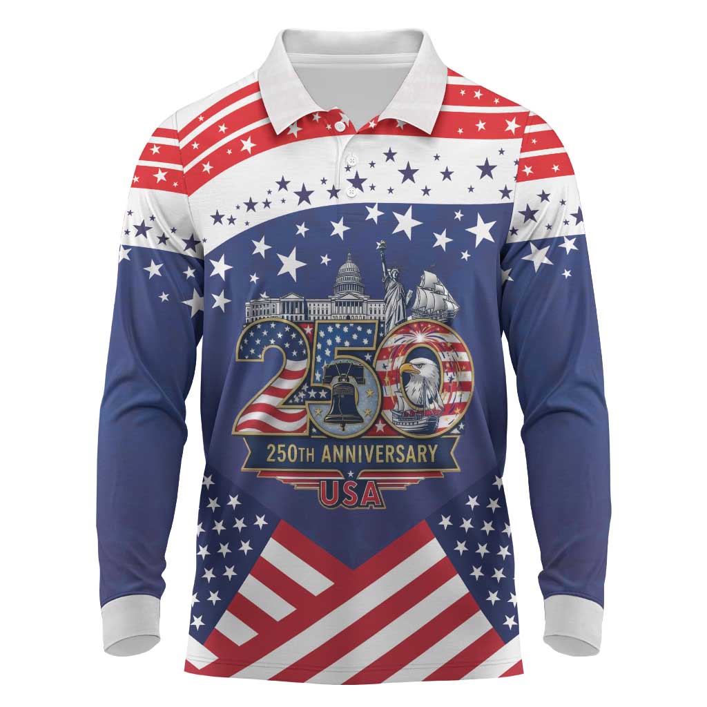 USA 250 Years of Freedom Long Sleeve Polo Shirt All American Pride