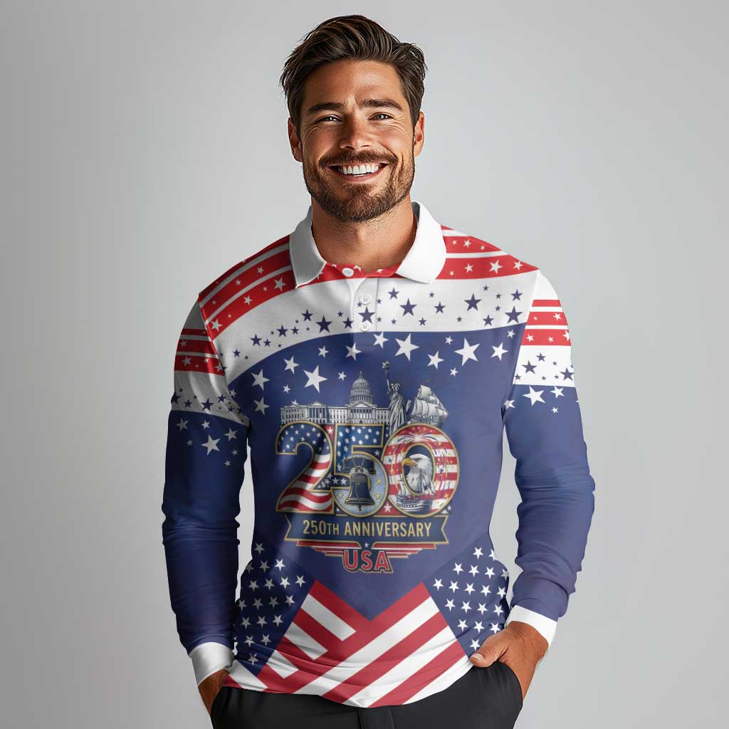 USA 250 Years of Freedom Long Sleeve Polo Shirt All American Pride