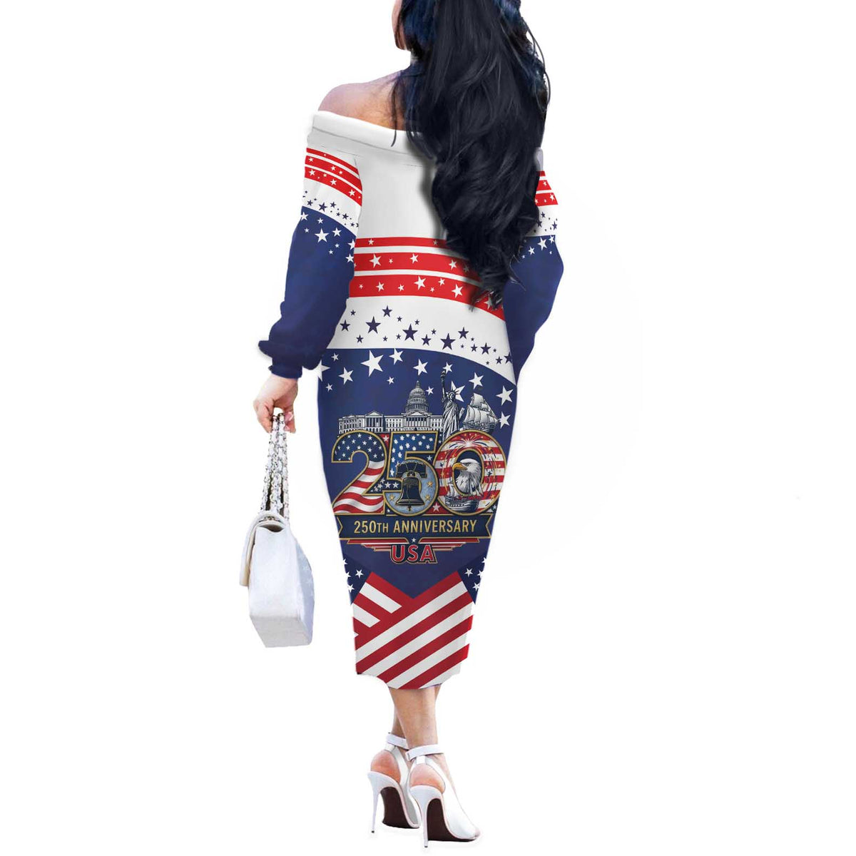 USA 250 Years of Freedom Off The Shoulder Long Sleeve Dress All American Pride