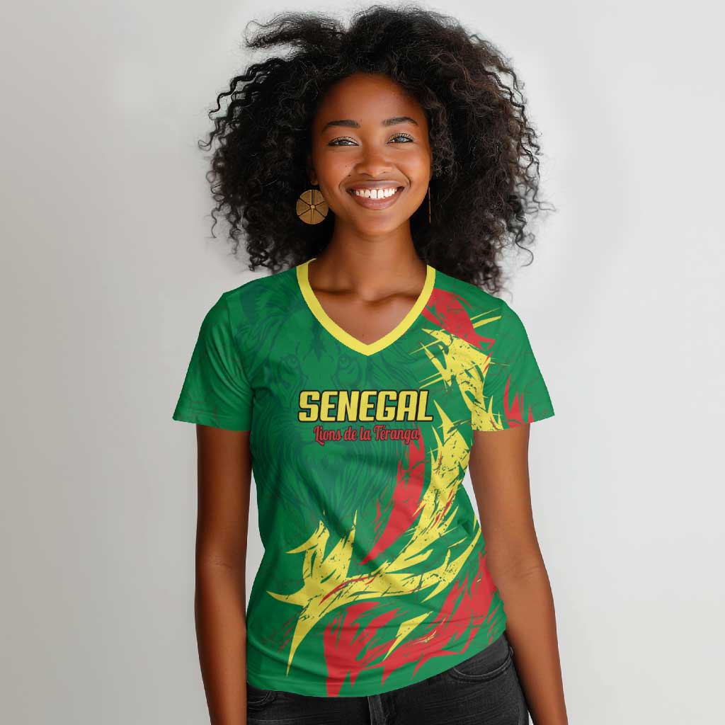 Senegal Football Pride Custom Women V-Neck T-Shirt Les Lions de la Teranga