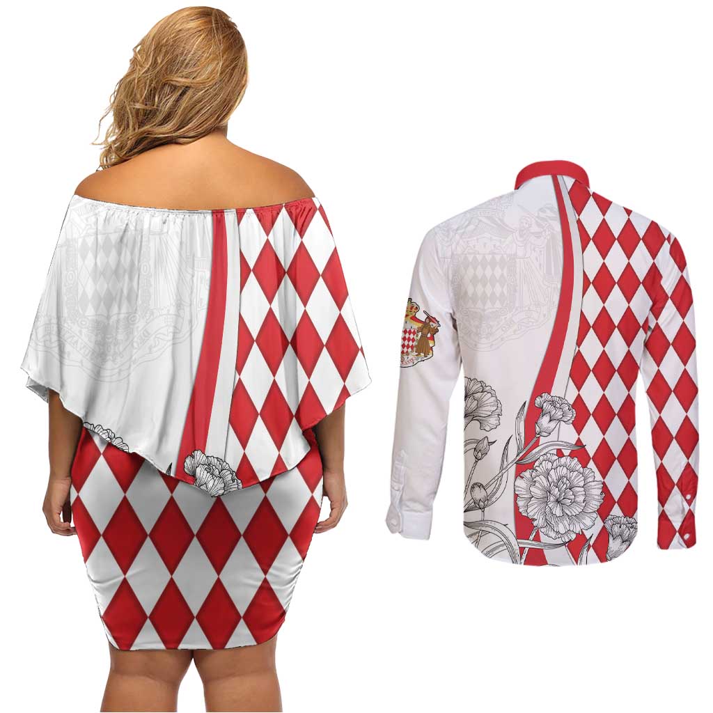 Monaco Deo Juvante Couples Matching Off Shoulder Short Dress and Long Sleeve Button Shirt Lozenge Flag Style