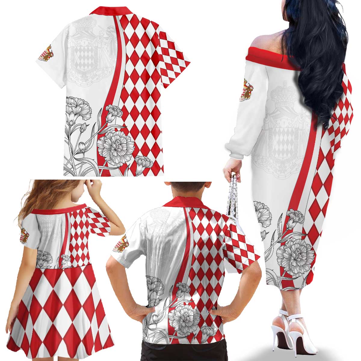 Monaco Deo Juvante Family Matching Off The Shoulder Long Sleeve Dress and Hawaiian Shirt Lozenge Flag Style