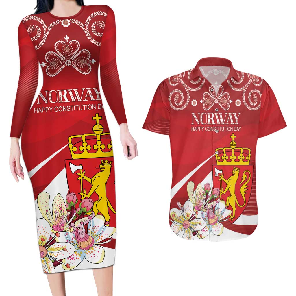 Personalized Norway Constitution Day Couples Matching Long Sleeve Bodycon Dress and Hawaiian Shirt Norwegian Lion Pyramidal Saxifrage