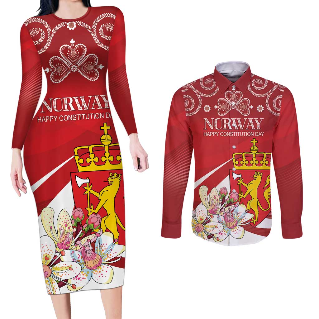 Personalized Norway Constitution Day Couples Matching Long Sleeve Bodycon Dress and Long Sleeve Button Shirt Norwegian Lion Pyramidal Saxifrage