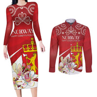 Personalized Norway Constitution Day Couples Matching Long Sleeve Bodycon Dress and Long Sleeve Button Shirt Norwegian Lion Pyramidal Saxifrage