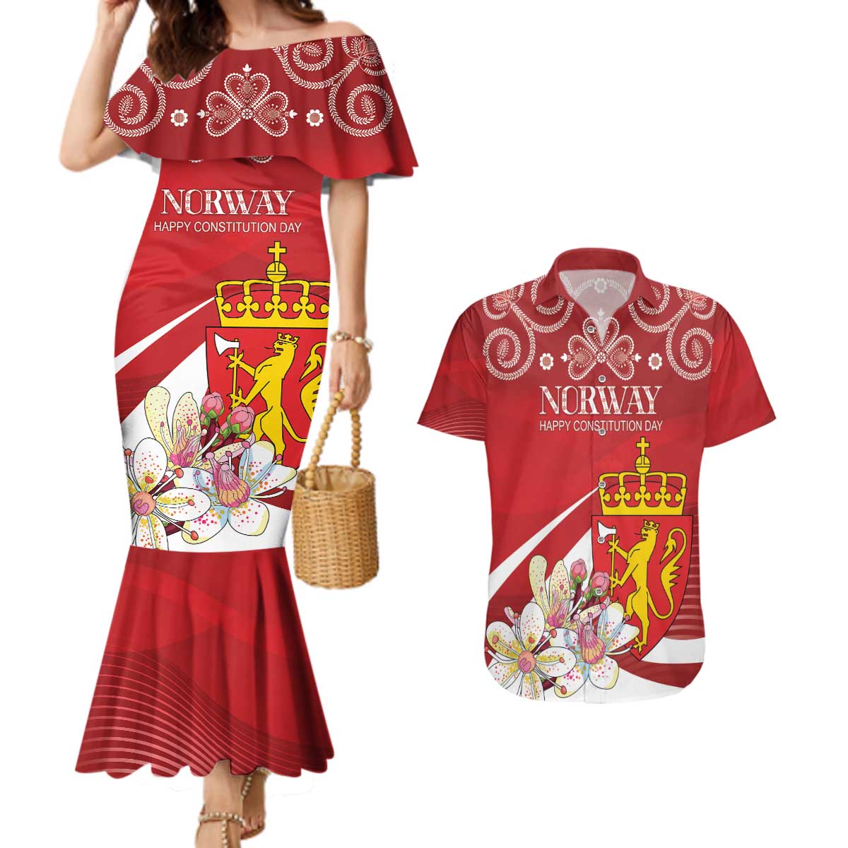 Personalized Norway Constitution Day Couples Matching Mermaid Dress and Hawaiian Shirt Norwegian Lion Pyramidal Saxifrage