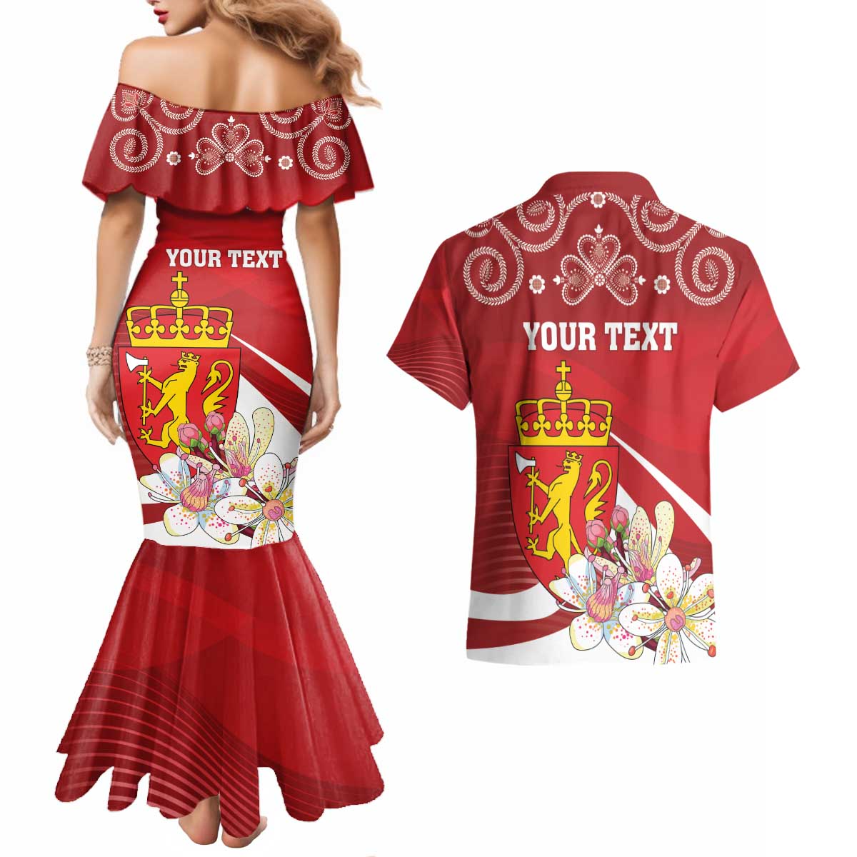 Personalized Norway Constitution Day Couples Matching Mermaid Dress and Hawaiian Shirt Norwegian Lion Pyramidal Saxifrage