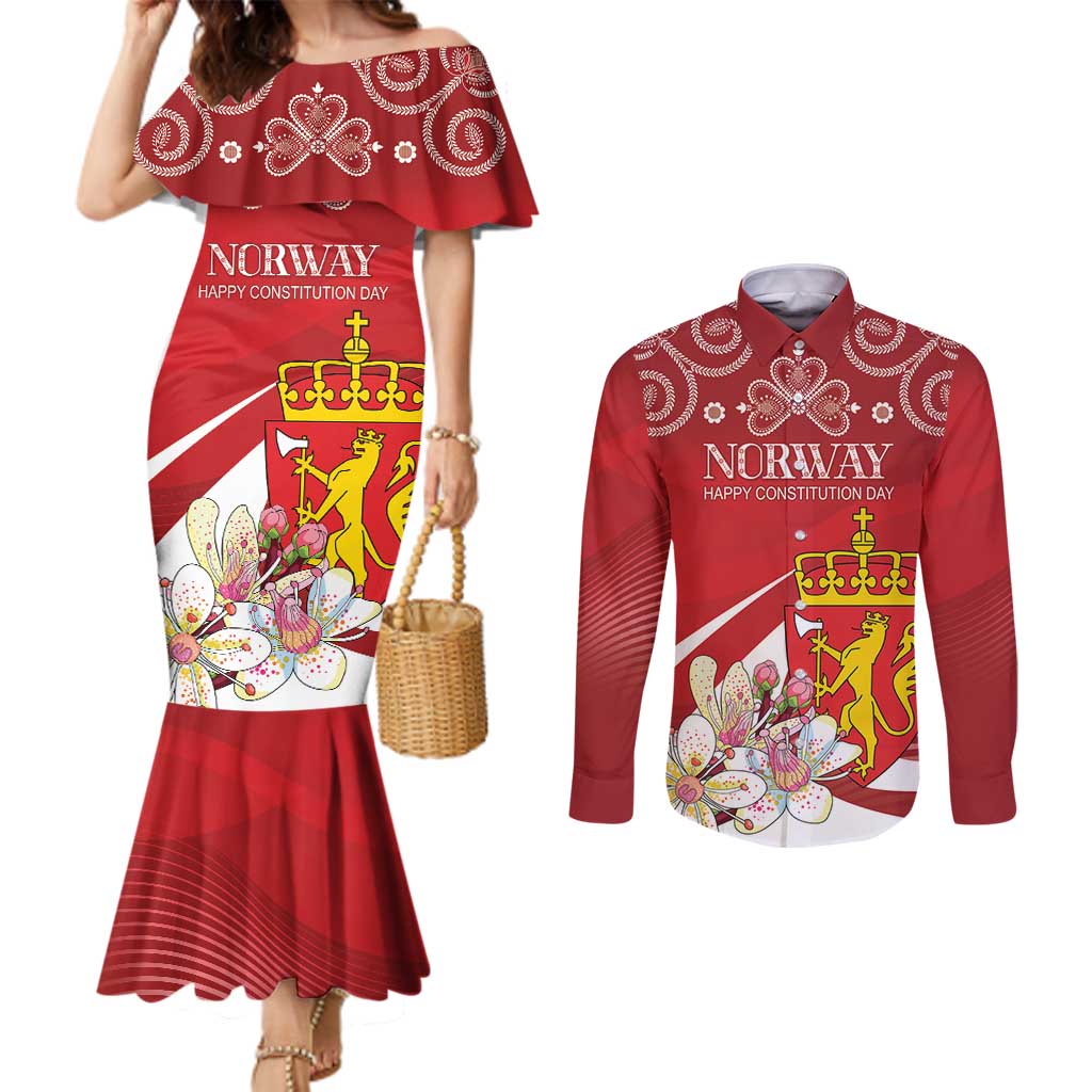 Personalized Norway Constitution Day Couples Matching Mermaid Dress and Long Sleeve Button Shirt Norwegian Lion Pyramidal Saxifrage