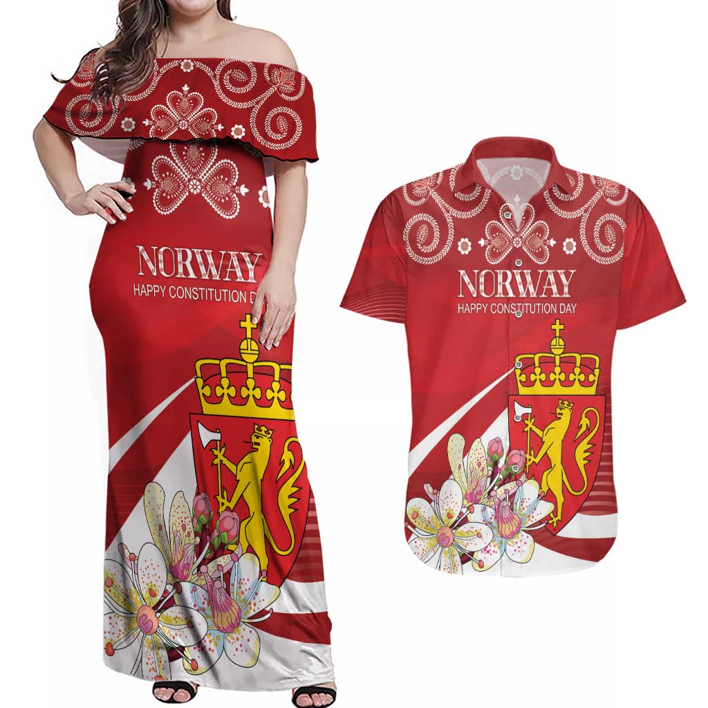 Personalized Norway Constitution Day Couples Matching Off Shoulder Maxi Dress and Hawaiian Shirt Norwegian Lion Pyramidal Saxifrage