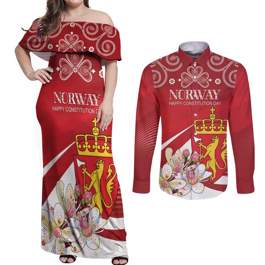 Personalized Norway Constitution Day Couples Matching Off Shoulder Maxi Dress and Long Sleeve Button Shirt Norwegian Lion Pyramidal Saxifrage