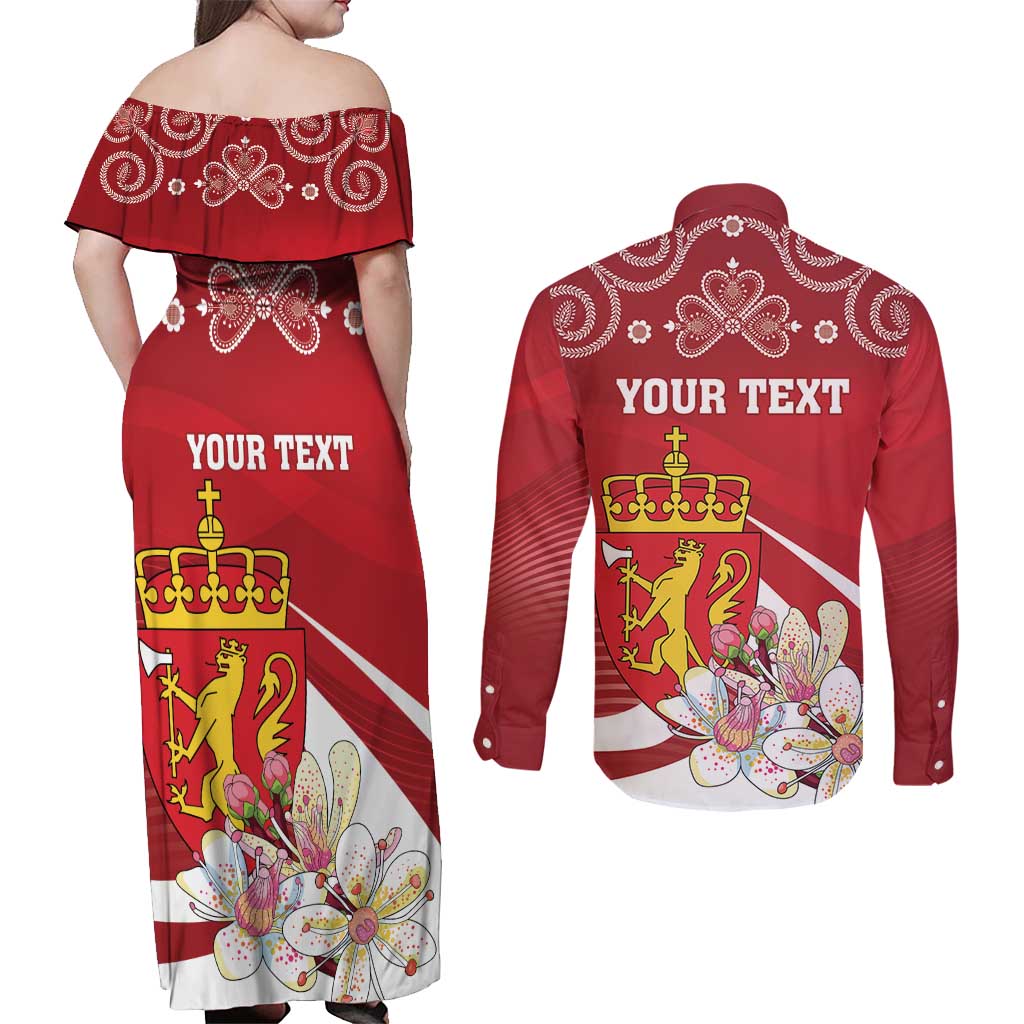 Personalized Norway Constitution Day Couples Matching Off Shoulder Maxi Dress and Long Sleeve Button Shirt Norwegian Lion Pyramidal Saxifrage