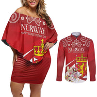 Personalized Norway Constitution Day Couples Matching Off Shoulder Short Dress and Long Sleeve Button Shirt Norwegian Lion Pyramidal Saxifrage