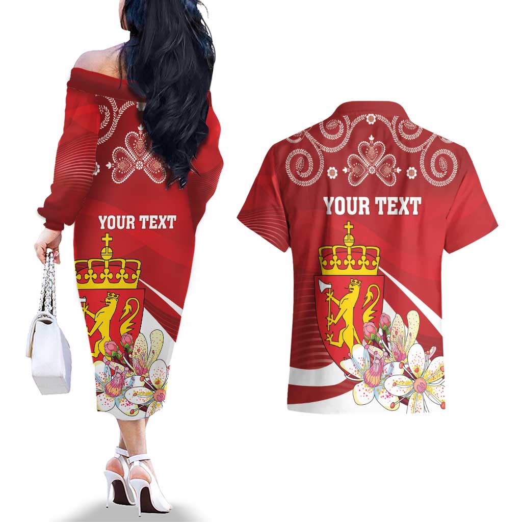 Personalized Norway Constitution Day Couples Matching Off The Shoulder Long Sleeve Dress and Hawaiian Shirt Norwegian Lion Pyramidal Saxifrage