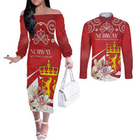 Personalized Norway Constitution Day Couples Matching Off The Shoulder Long Sleeve Dress and Long Sleeve Button Shirt Norwegian Lion Pyramidal Saxifrage
