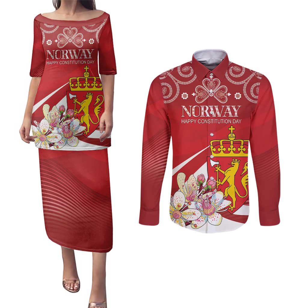 Personalized Norway Constitution Day Couples Matching Puletasi and Long Sleeve Button Shirt Norwegian Lion Pyramidal Saxifrage