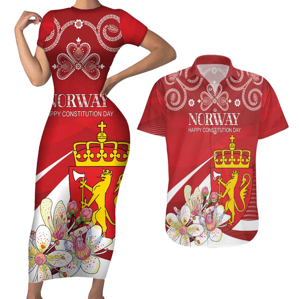 Personalized Norway Constitution Day Couples Matching Short Sleeve Bodycon Dress and Hawaiian Shirt Norwegian Lion Pyramidal Saxifrage
