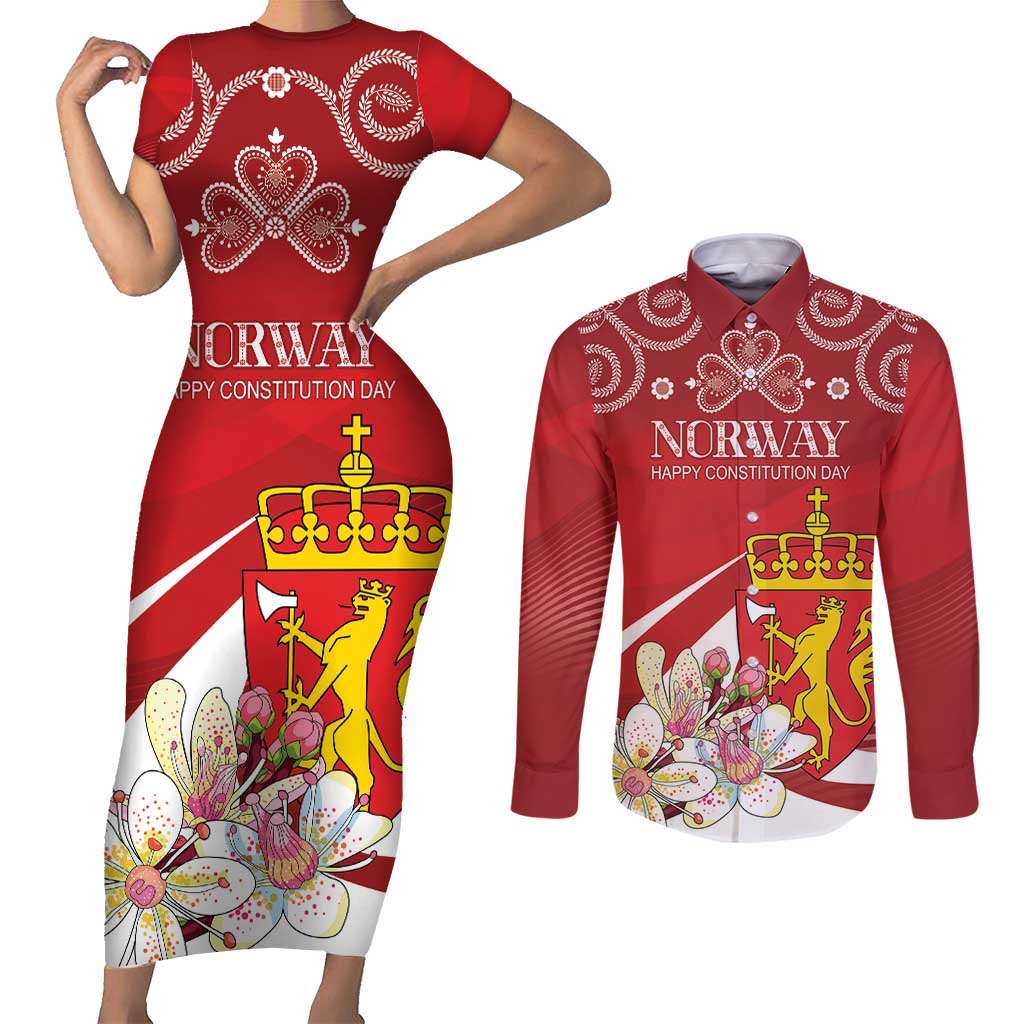 Personalized Norway Constitution Day Couples Matching Short Sleeve Bodycon Dress and Long Sleeve Button Shirt Norwegian Lion Pyramidal Saxifrage