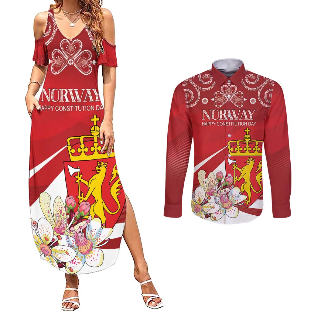 Personalized Norway Constitution Day Couples Matching Summer Maxi Dress and Long Sleeve Button Shirt Norwegian Lion Pyramidal Saxifrage